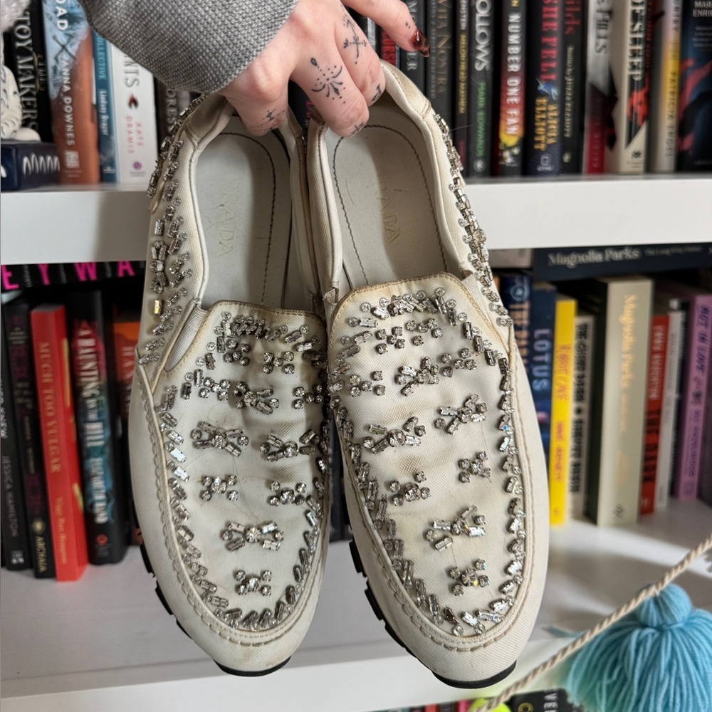 Prada White Crystal-Embellished Leather Slip-On Loafers